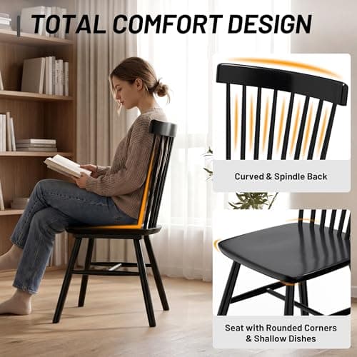 AreShark Windsor Dining Chairs Set of 4, Farmhouse Wooden Dining Room Chairs, Solid Wood Kitchen Chairs with Spindle Back, Black - Thumbnail 3