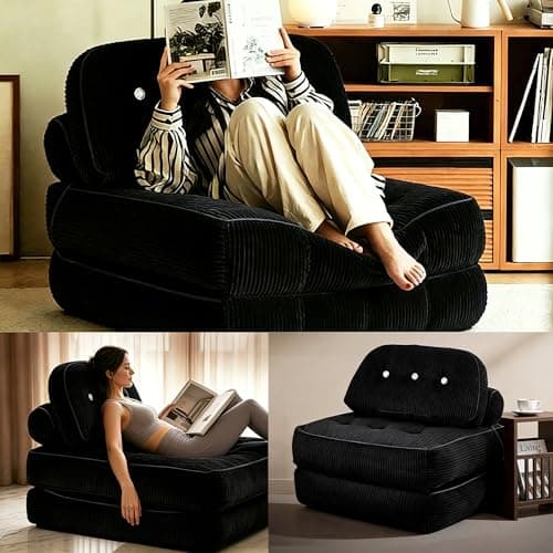 NESLAKO Folding Sofa Bed, Flannel Futon Couch Bed with Pillow and Blanket, Convertible Sleeper Chair for Small Space Apartment Guest Room, Black - Thumbnail 4