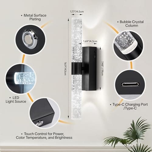 Linboro Battery Cordless Wall Sconces Set of 2, 16.9'' Rechargeable Wall Sconce with 16000mAh Battery, Wireless No Wiring Wall Lights, Dimmable 3000K-6500K for Hallway Bathroom Vanity Corridor, Black - Thumbnail 3