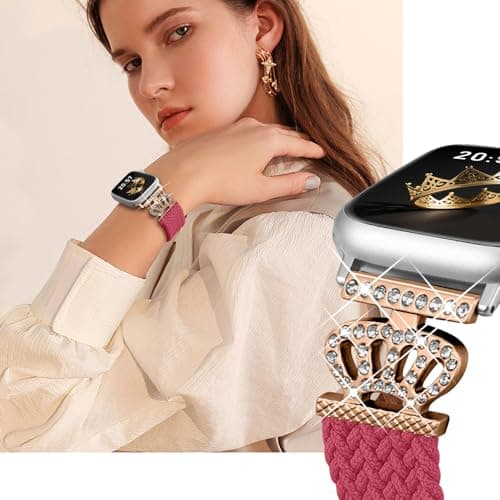Chinber Braided Band Compatible with Apple Watch Bands 40mm 38mm 41mm 42mm 44mm 45mm 46mm 49mm,Magnetic Soft Nylon Stretchy Strap with Designer Bling Crown Strap for Series 10/9/8/7/6/5/4/3/2/SE/Ultra - Thumbnail 2