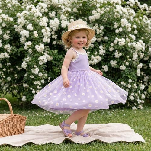 Toddler Girls Daisy Tulle Dress Purple Flower Girl Gown for Weddings Birthdays Sleeveless Summer Sundress for Kids 18-24 Months - Thumbnail 2