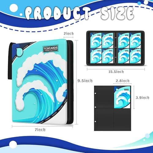 Trading Card Binder 4 Pocket,Card Binder 400 Pockets,Card Book Holder Cards with 50 Removable Sleeves,3-Ring Zip Design MTG/TCG/Sport Collectible Trading Card Albums Gifts for Boys and Girls(Water) - Thumbnail 2