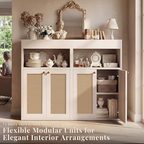 OMCHOM 37.5" Narrow Freestanding Bathroom Storage Cabinet with Rattan Doors, Top Enclosed Guardrail Shelf, High Density Solid MDF Adjustable Shelf, White Bathroom Organizer (White) - Thumbnail 5