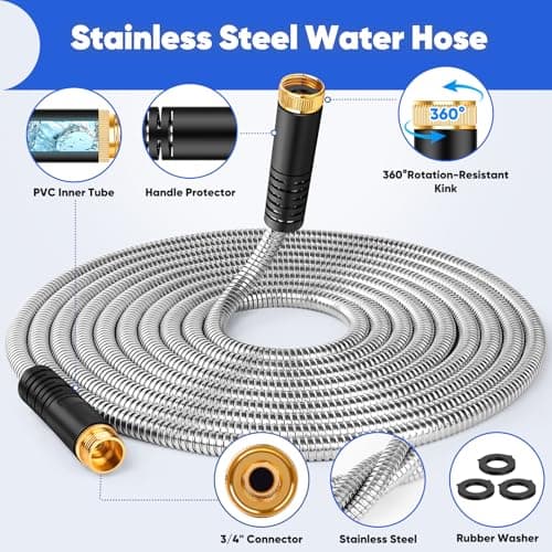 Garden Hose 50 ft, Stainless Steel Metal Hose, Flexible Water Hose with 10 Function Nozzle, Kink Free, Leak-Proof, Heavy Duty Hose for Yard, Outdoor, Lawn, RV, Car Wash and Camper Use - Thumbnail 2