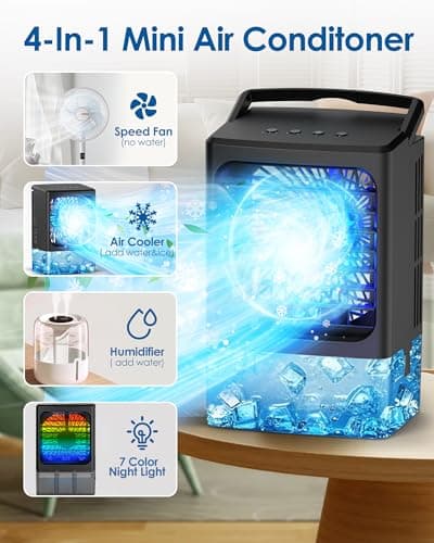 Portable Air Conditioners，Upgraded Portable AC Small Air Conditioner Personal Air Cooler Mini Evaporative Cooler 3 Wind Speed Portable Small AC with 7 Night Light for Room Home Bedroom Office - Thumbnail 2
