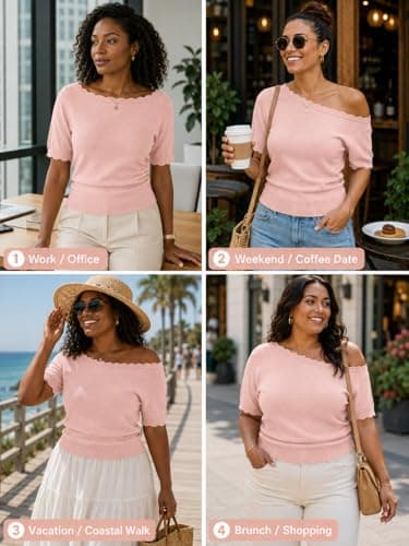 MONORA Off The Shoulder Tops for Women Short Sleeve Sweater Boat Neck One Shoulder Knit Pullover Lightweight Cinched Waist Fitted Going Out Shirts Spring Summer Pink - Thumbnail 2
