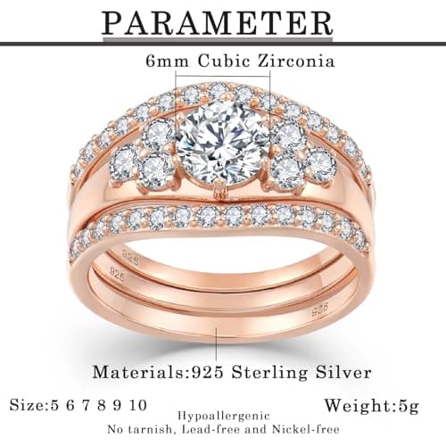 Vinoya 925 Sterling Silver Wedding Rings for Women Cubic Zirconia Rose Gold Plated Rings Three-in-One Engagement Promise Eternity Bands for Bridal Stackable Ring Size 6 - Thumbnail 6