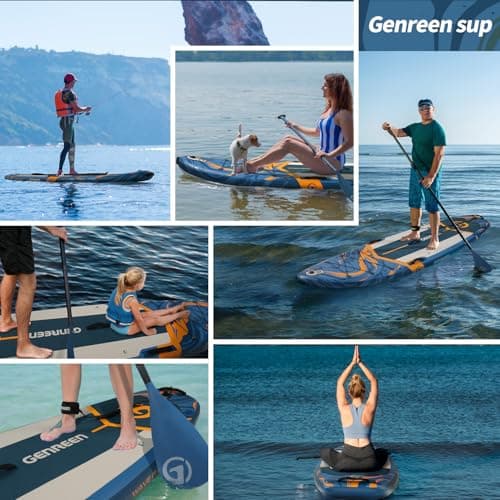 GENREEN Stand Up Paddle Board SUP Inflatable Paddleboard Newly Improved Quality Inspection5 Ultra Stable 5 Grips 450LBS 3 Fins EVA 0.5cm Wide 11'34"6" for JP Customers (Ocean Blue) - Thumbnail 6