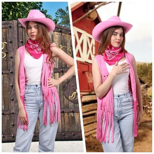 PARTTELY Western Outfits for Women Cowgirl Tassel Sleeveless Vest Cowboy Hat and Paisley Bandana （pink） - Thumbnail 4