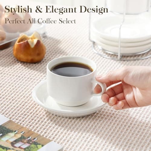 MALACASA 8 OZ Porcelain Espresso Cups with Saucers and Metal Stand Set of 4, Stackable Cappuccino Cups, White Expresso Shots Cup Set for Coffee Drinks, Latte, Tea - Thumbnail 5