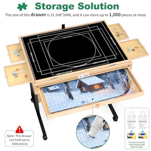 QDKGH Wooden Puzzle Table with Drawers, 1500 Piece Puzzles for Adults & Puzzle Enthusiasts with Adjustable Height & Tilt, Felt Surface, Metal Stand with Lockable Wheels, Puzzle Storage Box and Cover - Thumbnail 5