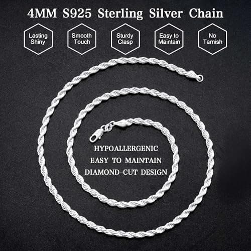 HIMSTORY S925 Sterling Silver Chain for Men, 4mm Rope Chain Necklace for Men Jewelry Sturdy Non-Fading Mens Silver Chains Jewelry Gifts for Dad Husband 24 Inch - Thumbnail 4