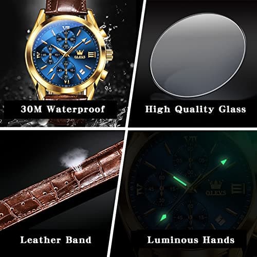 OLEVS Mens Watches Brown Leather Strap Blue Face Chronograph Wrist Luxury Casual Watches for Men Waterproof Luminous Analog Quartz Nice Men Watch Relojes para Hombres - Thumbnail 6