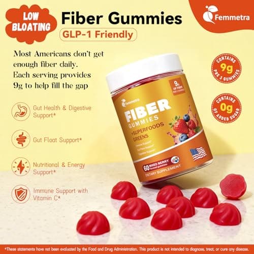 Prebiotic Fiber Gummies for Digestive Health & Regularity - GLP-1 Friendly - No Sugar Added Mixed Berry Flavor with Greens - Daily Supplement for Adults - 60 Count - Thumbnail 3