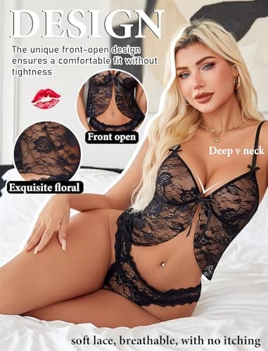Avidlove Sexy Lingerie for Women Pajama Sets Lace Pjs Open Front Cami and Panty Set Sleepwear Black XL - Thumbnail 5