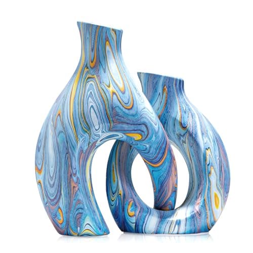 Blue Ceramic Flower Vase Set of 2, Unique Modern Decor by TZIZO - Image 1