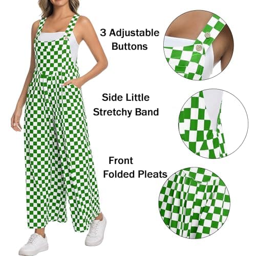 IWOLLENCE Women's Casual Loose Checkered Overalls Summer Wide Straight Leg Jumpers and Rompers Y2K Plaid Sleeveless Jumpsuits with Pockets Beach Vacation Outfits Green White, L - Thumbnail 2