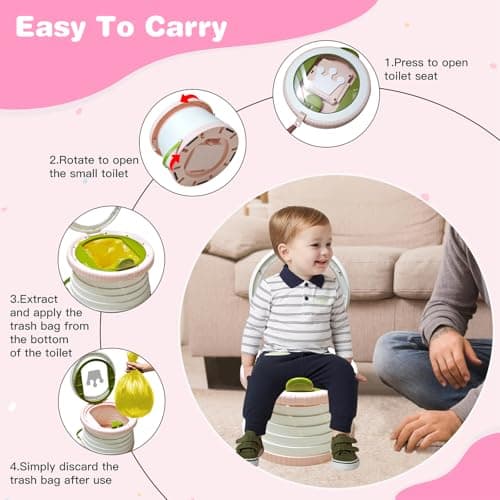 Portable Potty Chair for Toddlers with Splash-Proof Design, Foldable Travel Potty with Bag & 30 Refills - Kids Toilet for Car, Camping, Indoor - Easy Clean Baby Potty Training Seat (White-Pink) - Thumbnail 5