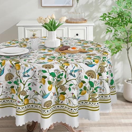 cusugbaso Spring Round Tablecloth 70 inches - Floral Lemon Branch Spring Decorations for Home - Hummingbird French Country Farmhouse Table Cloth Summer Decor for Home, Party - Image 1