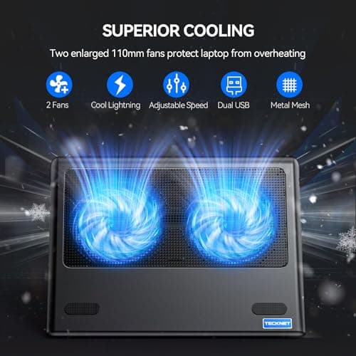 TECKNET Laptop Cooling Pad - 12"-15.6" Laptops Cooler, Powerful Cooler and Ultra Quiet for Gaming Laptops Pad, 2 Wind Speed Adjustable, USB A & C Powered Cooler Stand with Laptop Fan LED (Blue) - Thumbnail 2