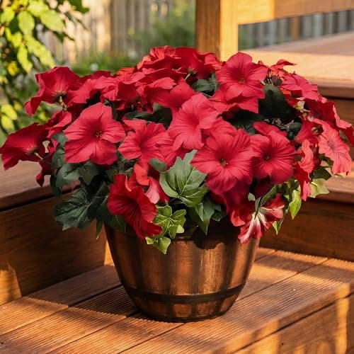 Vemander Artificial Fake Flowers Plants for Outdoor Decoration, 4PCS Faux Petunias Silk Flower UV Resistant No Fade for Home Outside Garden Balcony Yard Porch Realistic Indoor Decor (Red) - Image 1