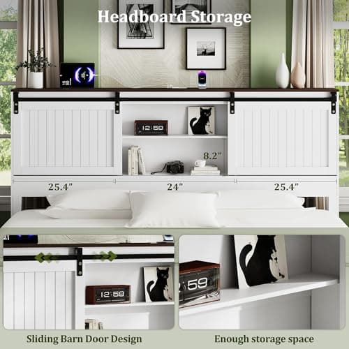 Uteeran King Size Bed Frame with Storage Headboard, Sliding Barn Door, Wood Platform Bed with Reading Light and Charging Station, Wood Slats Support, Easy Assembly, Noise-Free, Antique White - Thumbnail 3