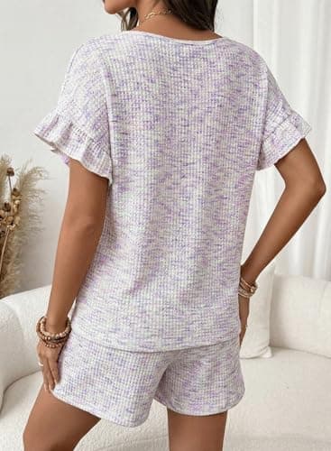 Dokotoo Womens Short Sleeve Shorts Set Soft Viscose 2 Piece Lounge Sets Casual Summer Outfits with Drawstring Waist and Side Pockets White Purple Medium - Thumbnail 4