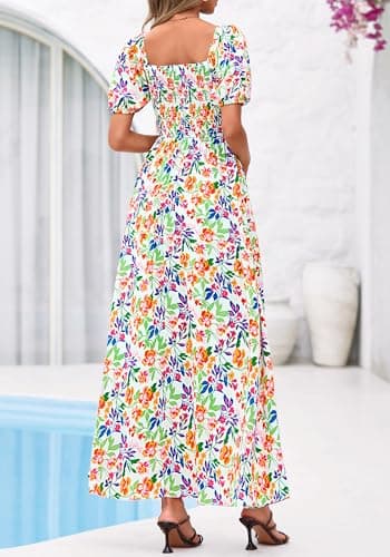 BTFBM Spring Summer Dresses for Women 2026 Puff Short Sleeve Smocked Floral Print Boho Beach Wedding Guest Maxi Dress(Floral Light Green Multi, Small) - Thumbnail 3