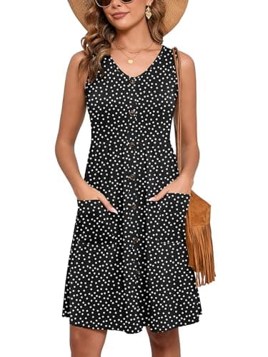 Heymoments Women Summer Dress Polkadots Black XX-Large Sleeveless V Neck Casual Cute Loose Sundress Comfy Swing Button Down Midi Work Flowy Tunic Ladies Beach Vacation Teacher Dresses with Pockets - Image 1