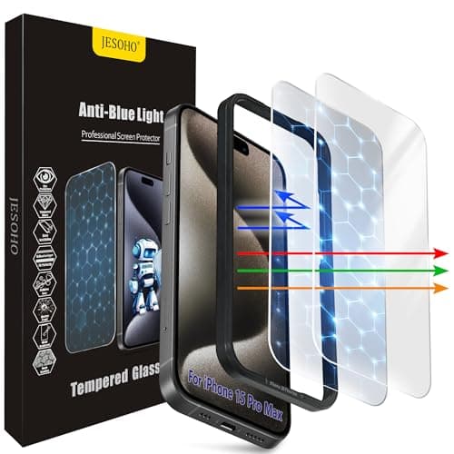JESOHO Screen Protector for iPhone 15 Pro Max [6.7 Inch],2 pcs Colorless Anti-Blue Light Tempered Glass Films, HD Clear, 9H Hardness, No Bubbles, Case Friendly - Image 1