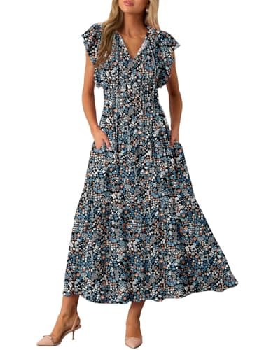 BLENCOT Womens Casual Maxi Dresses Summer Ruffle Short Sleeve V Neck Floral Printed Fashion Flowy Boho Beach Vacation Sundress Pockets P220 S - Image 1
