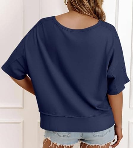 Cicy Bell Womens Oversized Crop T-Shirts Summer V Neck Short Sleeve Tops Casual Loose Fit Curved Hem Boxy Tee Shirt Navy - Thumbnail 4