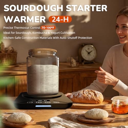 Sourdough Starter Warmer Mat - 24H Timer - Precise 1°F Thermostat Control (70-100°F) - Smart Memory Warming On/Off - Fits Jars Up to 40oz - Perfect for Home Baking (Gloss Black) - Thumbnail 3