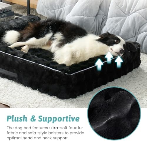 COZY KISS Faux Rabbit Fur Orthopedic Dog Bed, Large Dog Bed, Supportive Foam Pet Sofa with Waterproof Lining Cover, Washable U-Shaped Pet Couch with Anti-Slip Bottom Design, Black XL 42x30x7 inch - Thumbnail 4