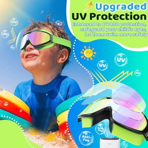 Vvinca Kids Swim Goggles 2 Pack, No Hair Pulling Comfort Fabric Strap Swimming Goggles for Kids Age 3-14, Anti-Fog/UV No Leaking Wide View Swim Mask for Toddler Boys Girls, Summer Pool Essentials - Thumbnail 6
