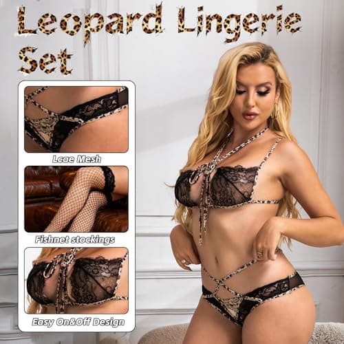 424 Sexy Lingerie Set for Women Leopard Print & Lace Crothless Bodysuit Panty 3-Piece Set Teddy Nightwear with Fishnet Stockings (One Size Fits Most) - Thumbnail 3