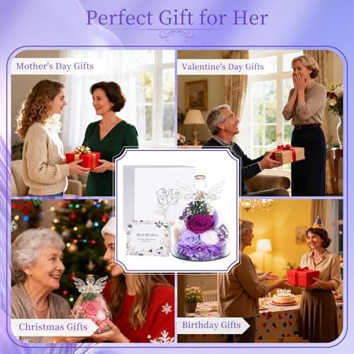 Puppiluv Preserved Rose Gifts for Women, Forever Flowers Eternal Roses in Glass Angel Figurines, Fresh Flowers for Delivery Prime, Birthday Gifts for Mom Her Wife Grandma on Anniversary, Purple - Thumbnail 5