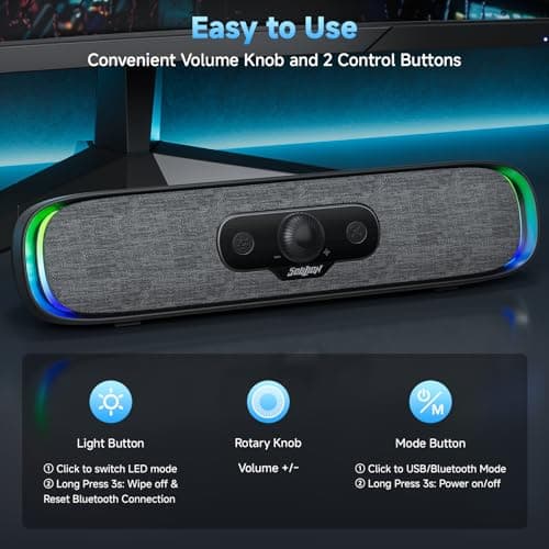 SOULION Computer Speakers, USB C/USB Powered PC Speaker with Colorful LED Lights, Plug-N-Play Wired Bluetooth Sound bar with Rotary Control for Desktop Laptop Monitor Office Work Music Black - Thumbnail 4