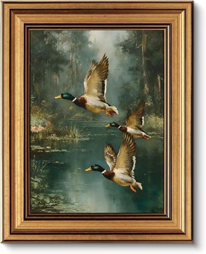 Gold Framed Wall Art, Vintage Mallard Duck Canvas Prints, Flying Ducks Rustic Cabin Lake Picture Wall Decor, Farmhouse Wildlife Nature Artwork for Living Room Hunting Lodge, Man Cave 9x11 inch - Image 1