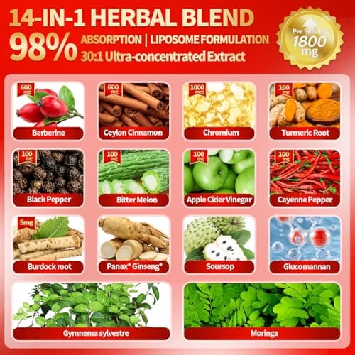 14-in-1 Berberine with Ceylon Cinnamon Supplement Liquid Drops, 1800mg + 30:1 Liposomal Tech with Cayenne Pepper, Soursop, Chromium, Bitter Melon, Turmeric, Moringa, Gymnema, Glucomannan, GLP Support - Thumbnail 3