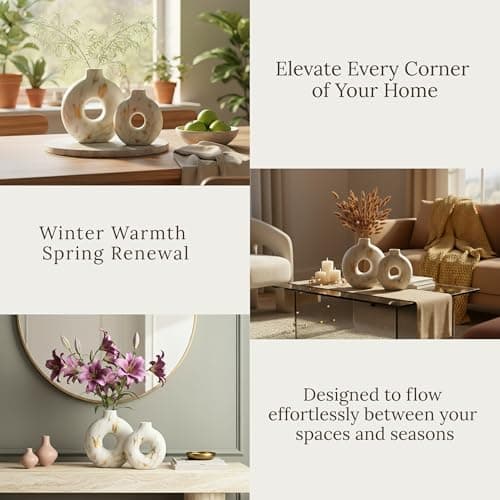 Modern Ceramic Donut Vase Set of 2 - Boho Design White and Gold Marble Pattern Vases for Flowers and Pampas - Elegant Home Decor Centerpieces for Coffee Tables - Entryways - Dining and Living Rooms - Thumbnail 3