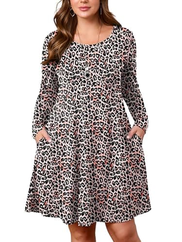 AusLook Plus Long Sleeve Dress for Women 2025 Fall Winter Casual Flowy A-Line Boho Midi Party Vacation Maternity Wedding Guest Work Fancy Peachy Leopard 2X Dresses with Pockets - Image 1