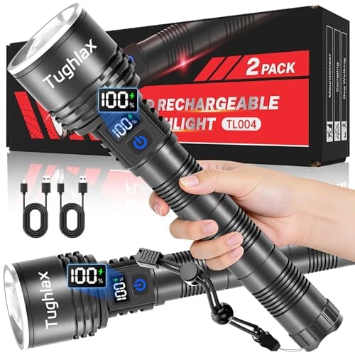 Tughlax High Lumens Rechargeable LED Flashlights 2Pack, Super Bright Zoomable Powerful Flashlight with LCD Digital Display, 5 Modes Long Range Tactical Flash Lights for Home Emergency Camping Hunting - Image 1