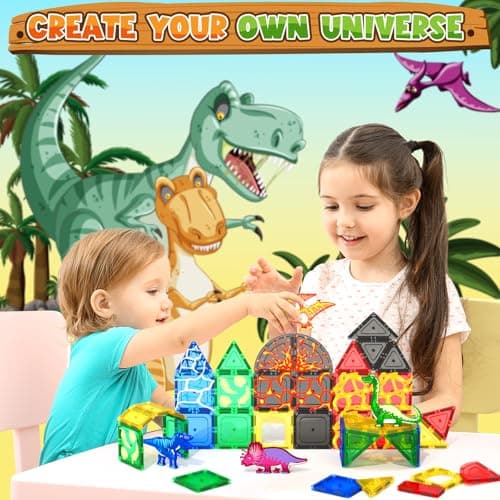 Coodoo Dinosaur Toys Magnetic Tiles Lava Dinosaur World Set - Magnetic Blocks Building for Kids 3-5 5-7 Girls Boys Toy Age 4-6 6-8, Classroom Must Haves Toddler Sensory for 3+ Year Old Kids Toys - Thumbnail 2