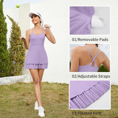 Womens Workout Tennis Dress with Built in Shorts and Bra Pleated Athletic Dress for Exercise Golf Dresses for Women Violett - Thumbnail 6