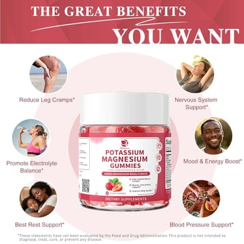 (2 Pack) Magnesium Potassium Supplement Gummies - New Formula Calm Magnesium Bisglycinate Gummies & Plant Potassium Plus Chia Seeds, B6, D3, K2 & Calcium for Sleep, Leg Cramps & Muscle -Vegan,60 Count - Thumbnail 6