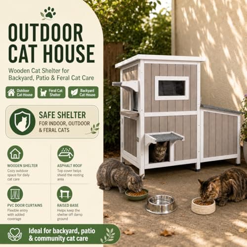 PetsCosset Cat House for Outdoor Cats Outside Feral Cat Shelter Weatherproof Wooden Cat Houses for 2-3 Cats with 3 Rooms 3 Escape Doors 2 Openable Asphalt Roofs - Thumbnail 2