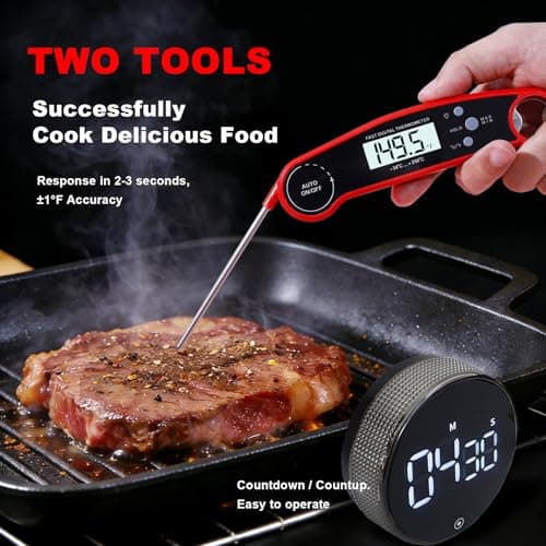 Instant Read Digital Meat Thermometer and Kitchen Timer Set with Backlight - Accurate Probe for Grilling, BBQ, Smoking, and Oven Cooking (Fahrenheit/Celsius Switch) - Thumbnail 2