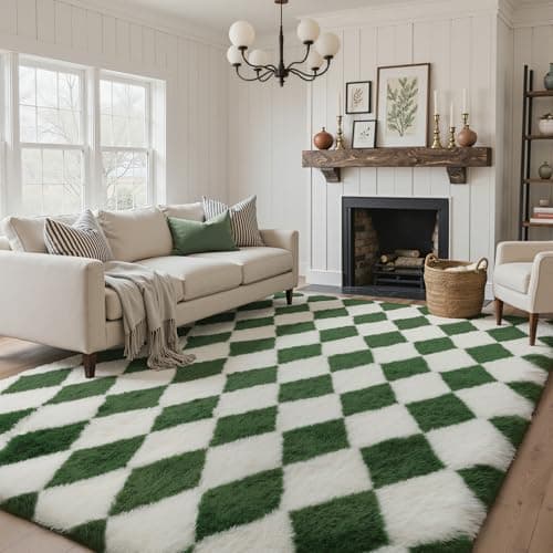 GENIMO Checkered Rug 8x10 Area Rugs for Kids Bedroom Soft Shag Rug Fluffy Fuzzy Carpet Plush Rugs for Living Room Nursery Playroom Dorm Modern Home Decor Aesthetic, Green and White - Thumbnail 2