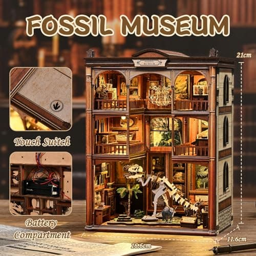 Havefunfun Dinosaur Museum Book Nook Kit - 3D Wooden Puzzle & DIY Miniature Dollhouse with LED Warm Light | Vintage Bookshelf Insert & Sturdy Bookends | Premium Creative Gift for Adults& Book Lovers - Thumbnail 3